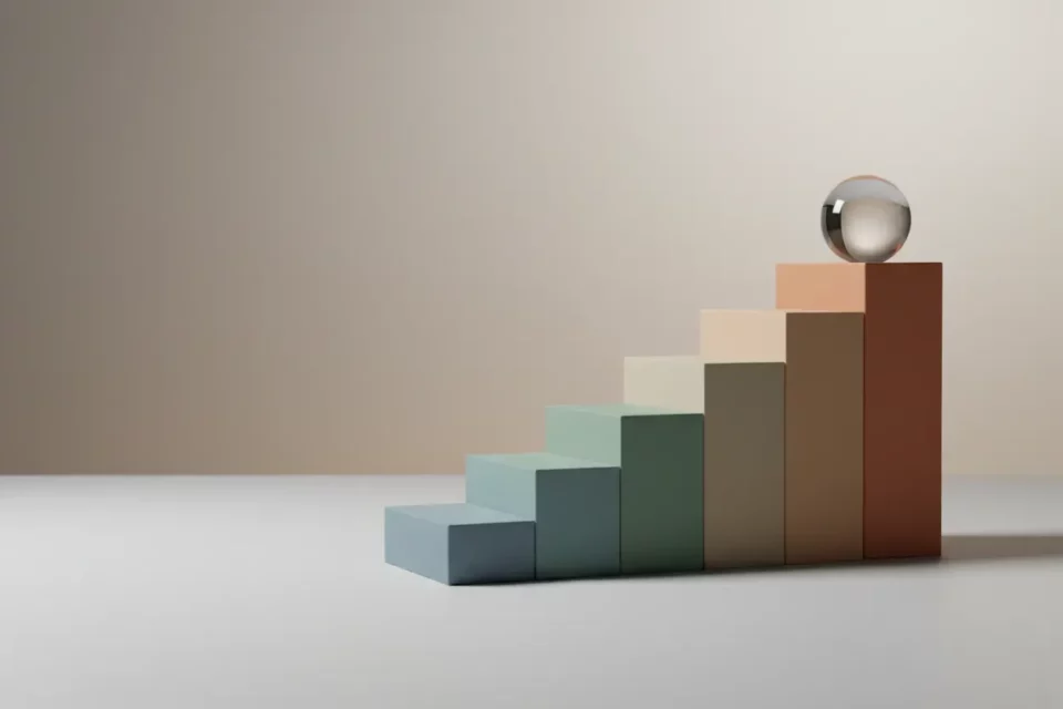 Four-step block staircase with a glass sphere on top against a soft neutral background, symbolizing structured behavioral interview answers.