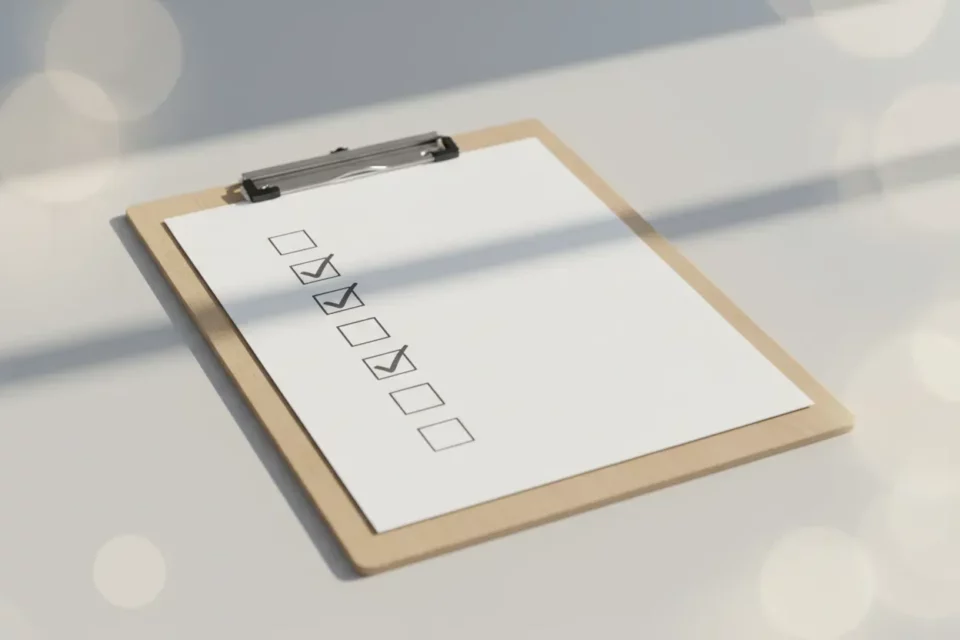 Clipboard with a clean checklist and checked boxes on a neutral background, symbolizing interview preparation and confidence.